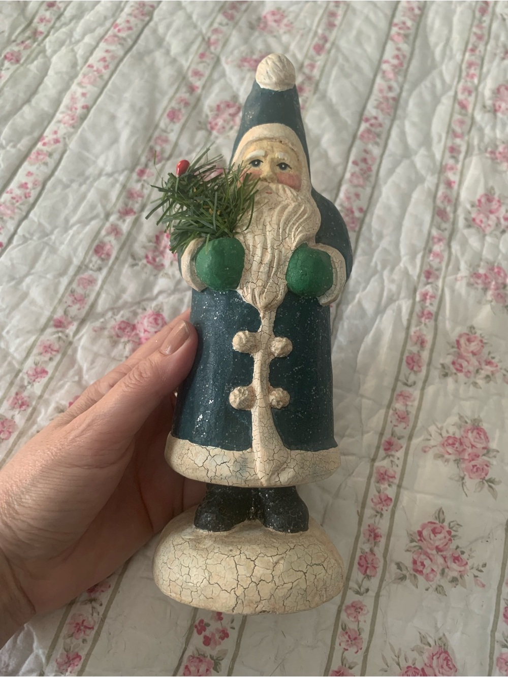 Blue Santa Figurine Holiday Decor - Hand-Painted Vintage Style